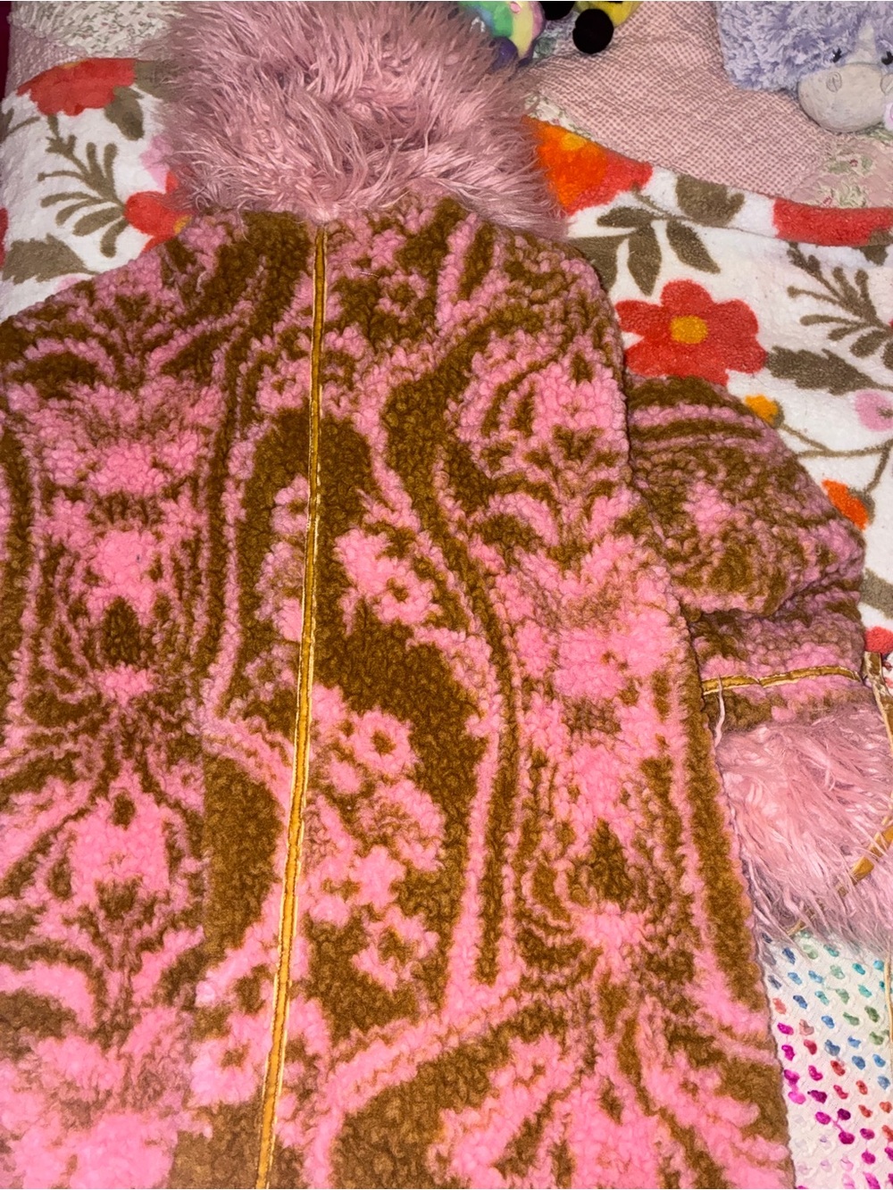 Free People Pink & Olive Floral Faux Fur Coat - Picture 3 of 9